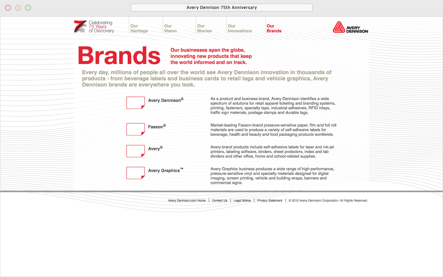 Avery Dennison 75th anniversary microsite Our Brands page